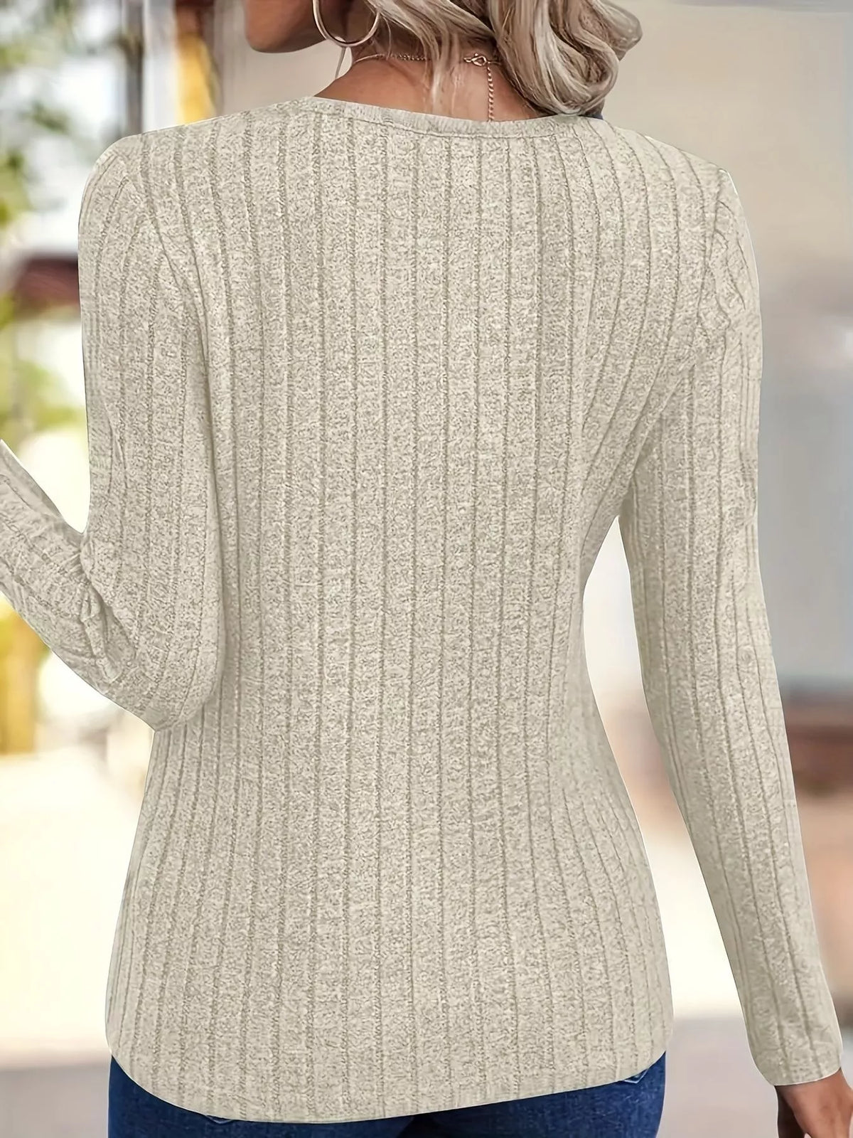 Ribbed Knit V-Neck Long Sleeve T-Shirt - Lilixa.store