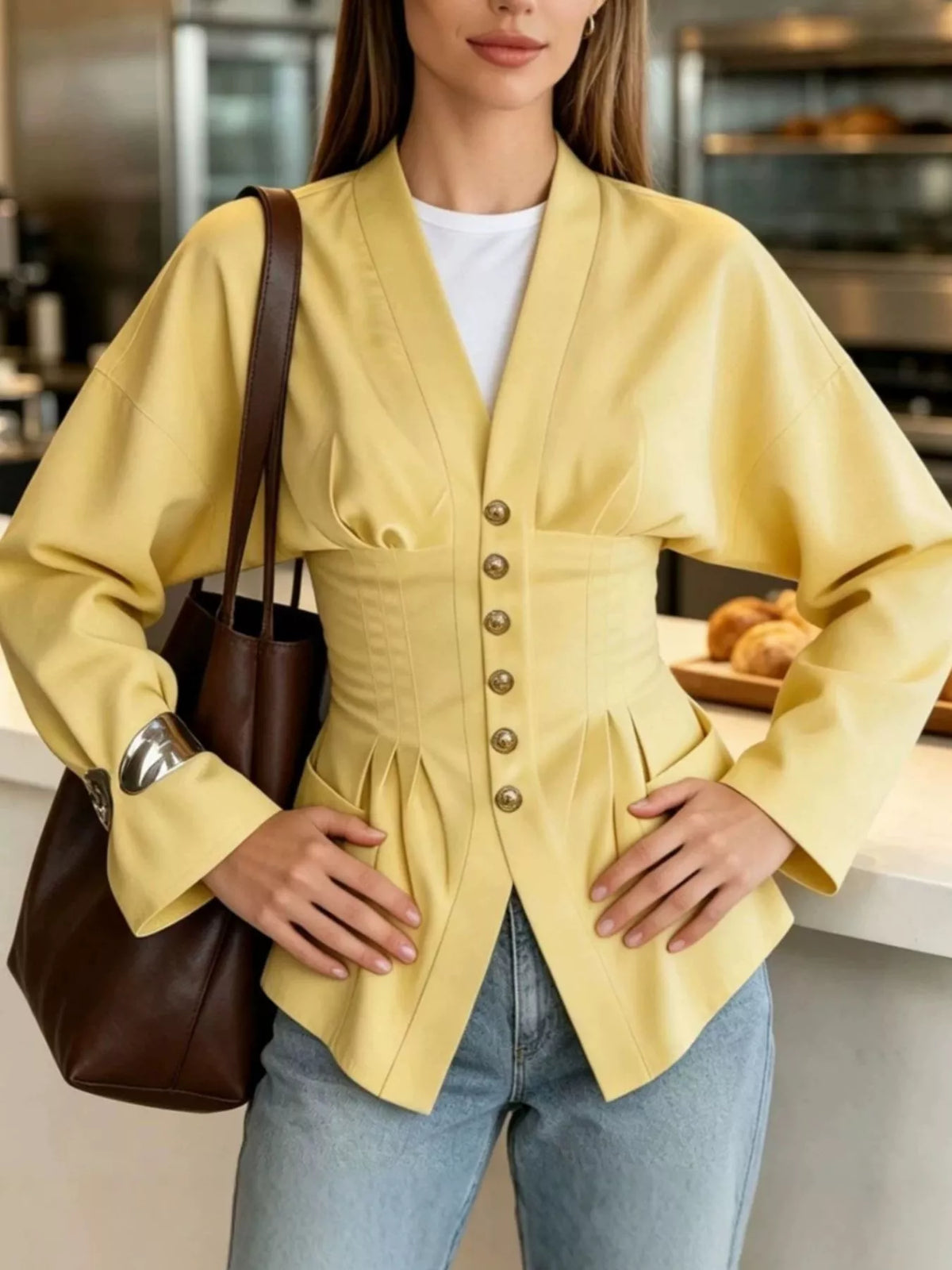 Pleated Waist Blouse with Button Detail in Yellow