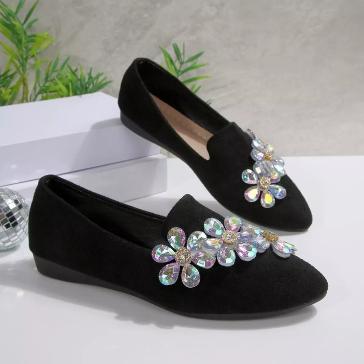 Rhinestone Point Toe Flats Slip-Ons in Black, view 2