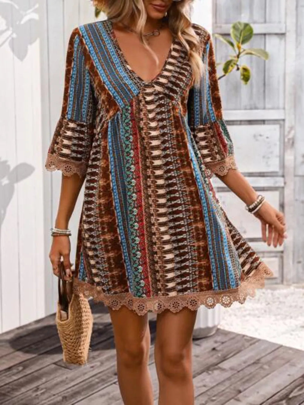 Lace Trim Printed V-Neck 3/4 Sleeve Dress - Lilixa.store