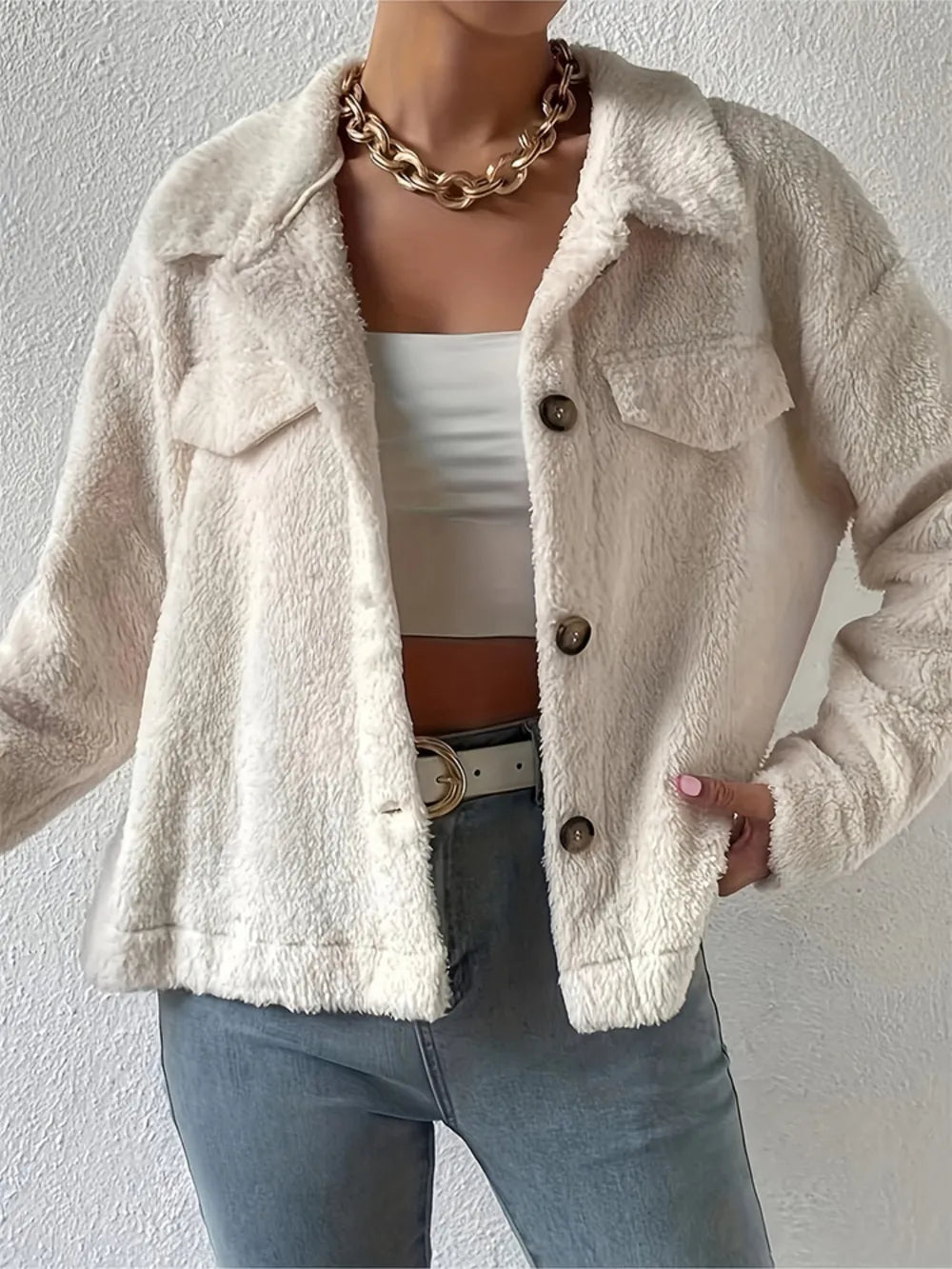 Collared Neck Button Up Jacket with Decorative Pocket Flaps in Beige, view 5