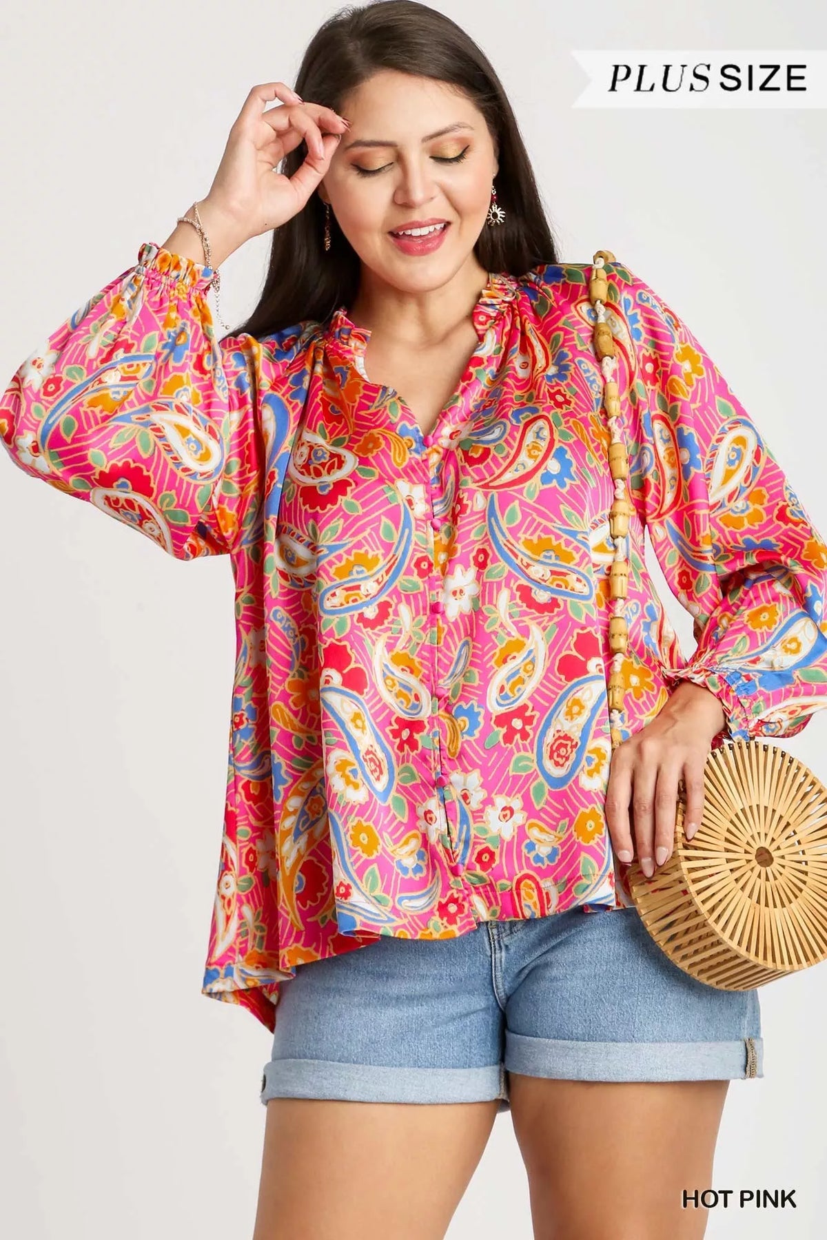 Umgee Full Size Satin Paisley Ruffle Neck Button-Up Shirt Plus Size in Hot Pink, view 6