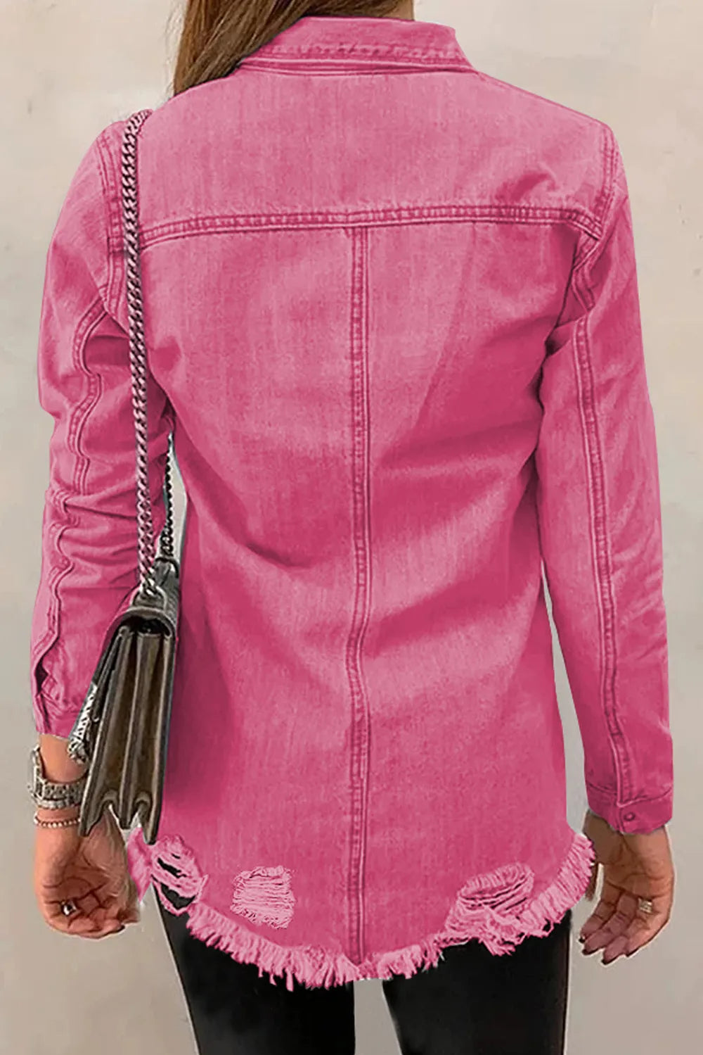 Distressed Raw Hem Snap Down Denim Jacket, view 7