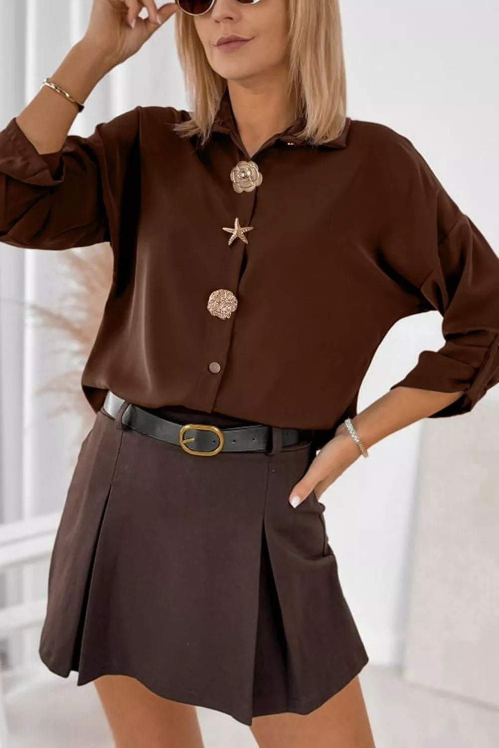 Multi Button Decoration Tab Long Sleeve Casual Shirt in Dark Brown, view 2