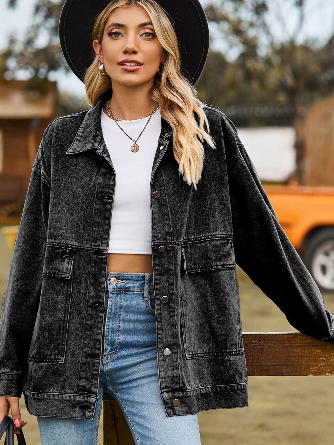 Dropped Shoulder Denim Jacket with Pockets in Dark Gray, view 10
