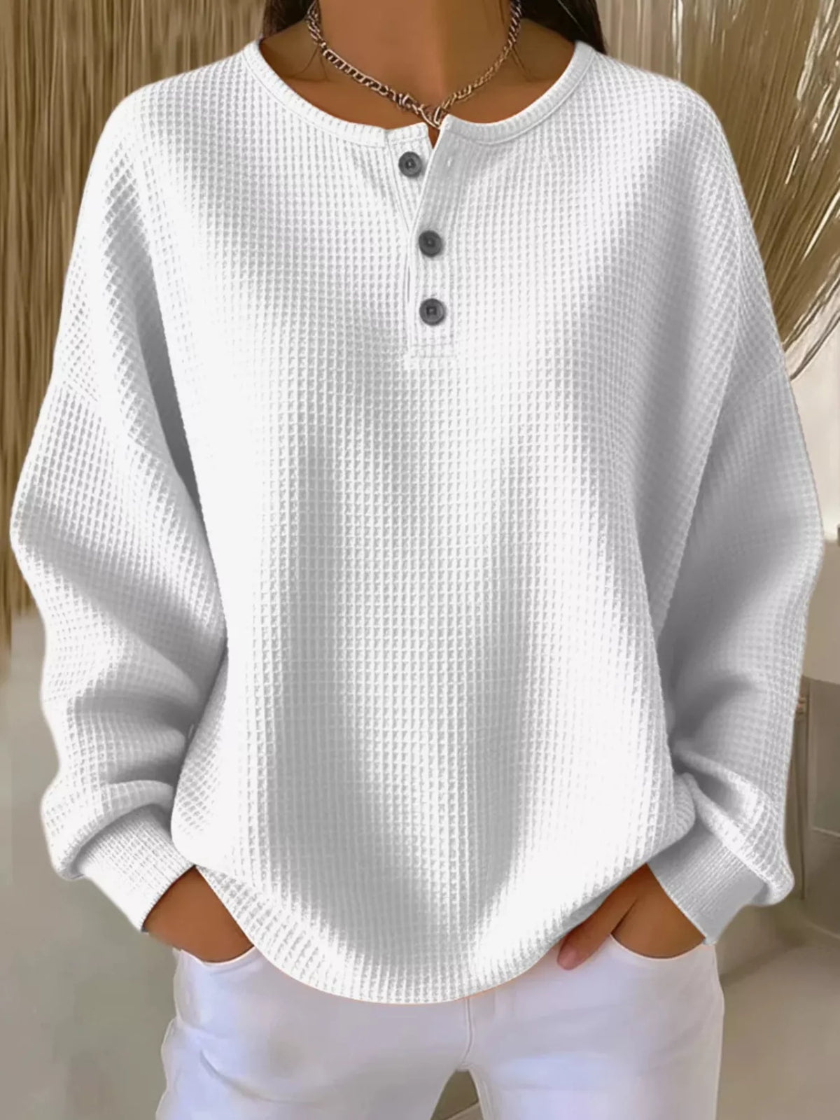 Full Size Waffle Knit Button Detail Top Plus Size - Lilixa.store