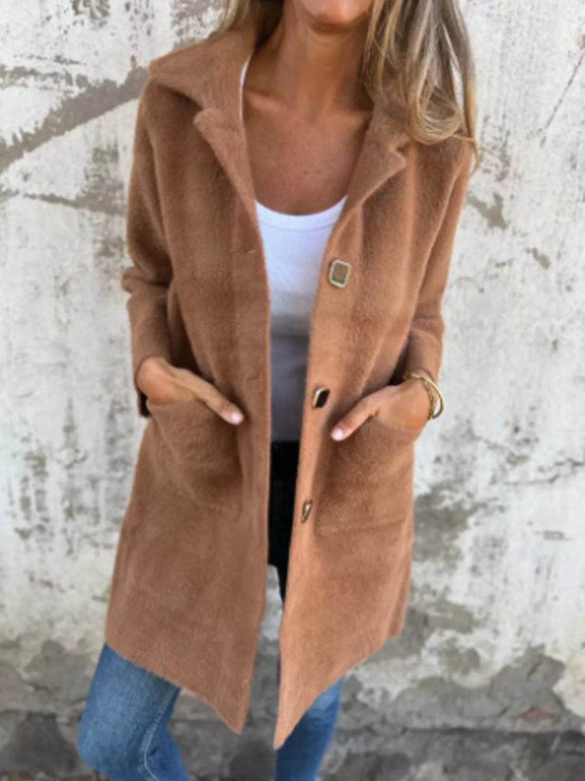 Full Size Button-Down Long Sleeve Longline Coat Plus Size in Camel