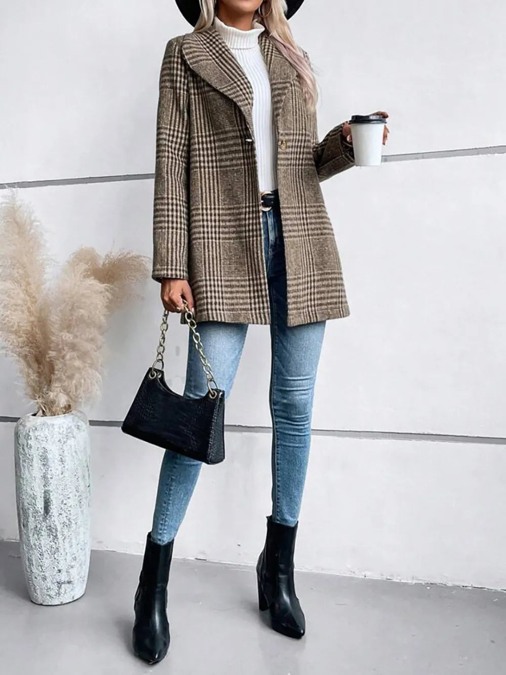 Plaid Collared Neck Long Sleeve Jacket, view 7