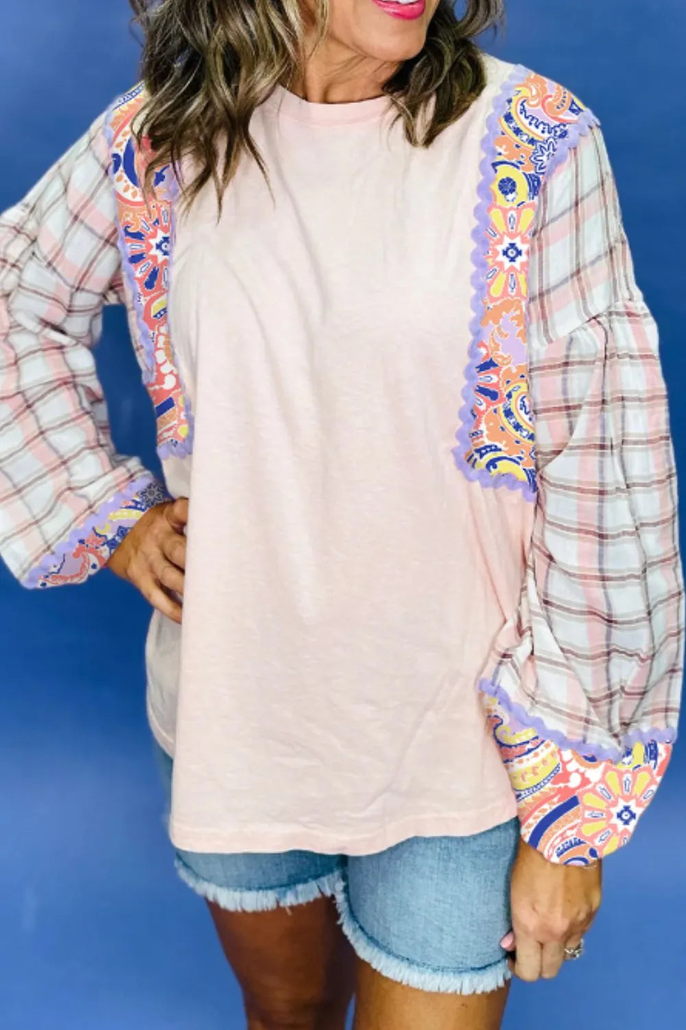 Paisley Print Plaid Long Sleeve Oversized Top in Blush Pink, view 2
