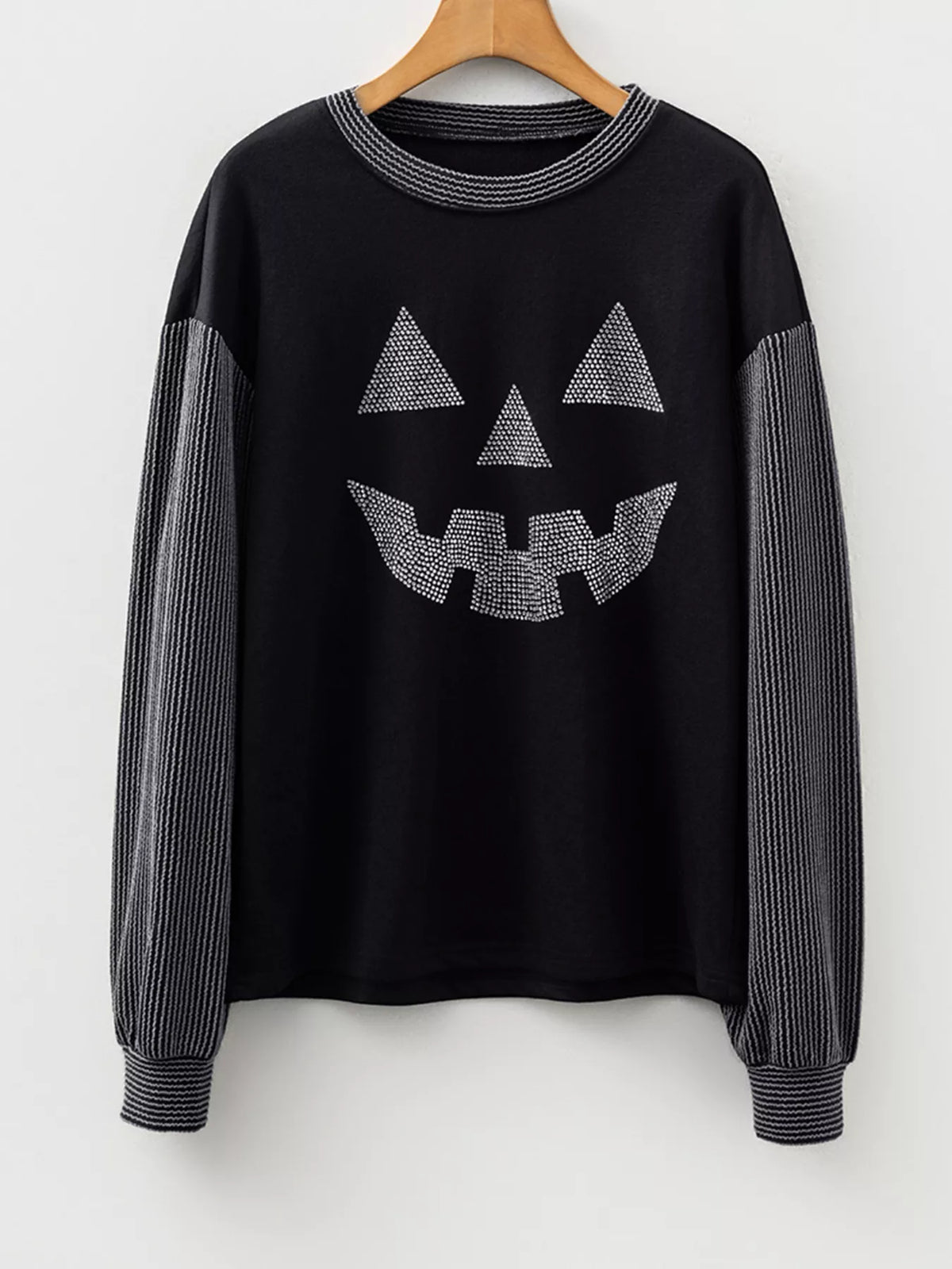 Halloween Rhinestone Pumpkin Face Contrast Ribbed Long Sleeve Patchwork Top - Lilixa.store