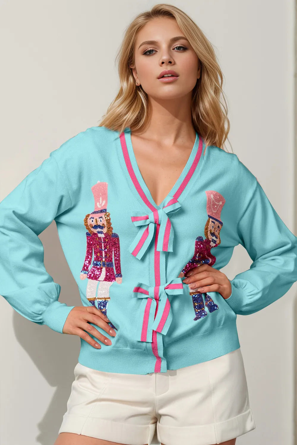 Double Take Full Size Nutcracker Sequin Bow Decor Cardigan - Lilixa.store
