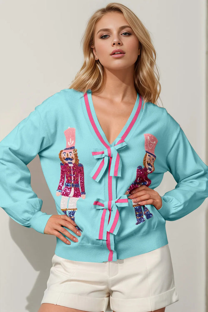 Double Take Full Size Nutcracker Sequin Bow Decor Cardigan - Lilixa.store