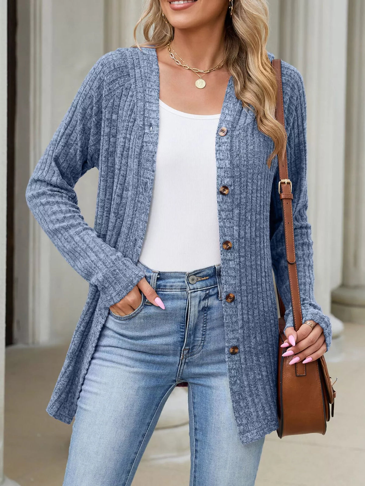 Ribbed Knit Hooded Button-Down Cardigan - Lilixa.store