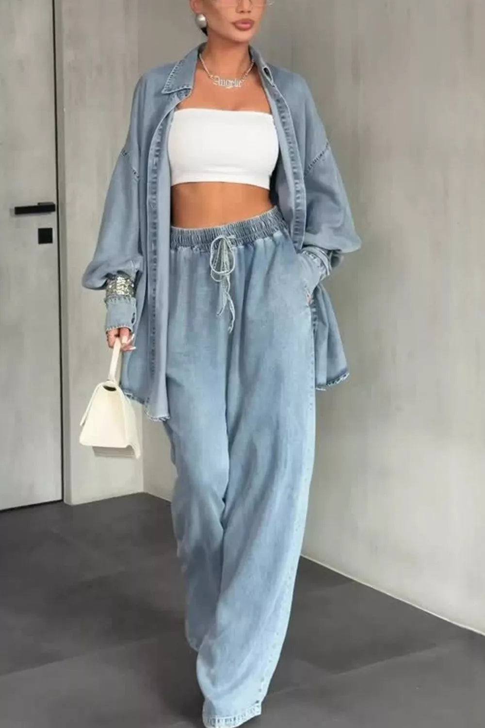 Wash Button Up Shirt and Wide-Leg Pants Denim Set in Light Blue, view 2