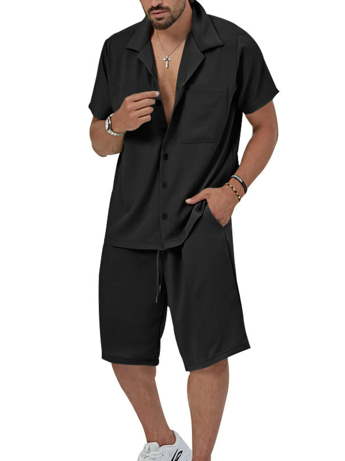 Men's Plus Size Button Up Short Sleeve Shirt and Shorts Set in Black