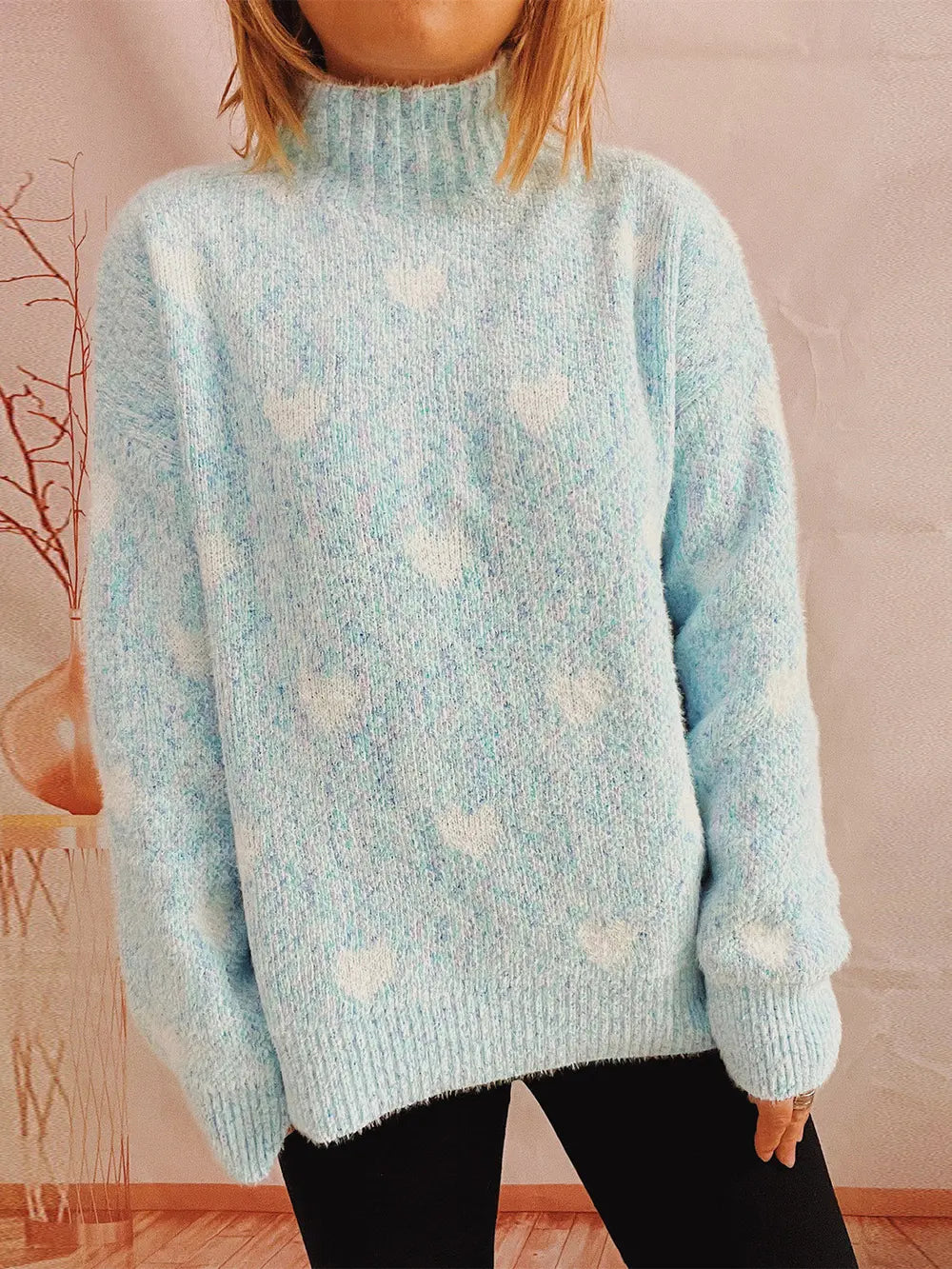 Heart Heathered Turtleneck Drop Shoulder Sweater in Mint Blue