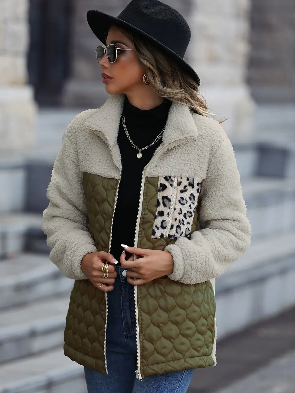 Leopard Color Block Zip-Up Jacket in Army Green