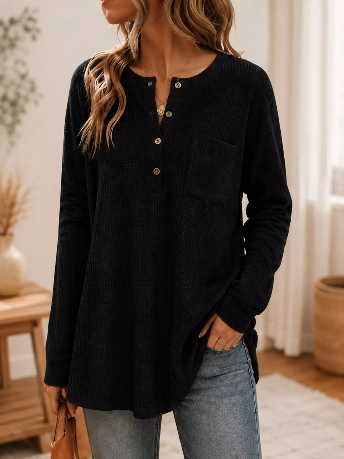 Waffle Knit Button Detail Top - Lilixa.store