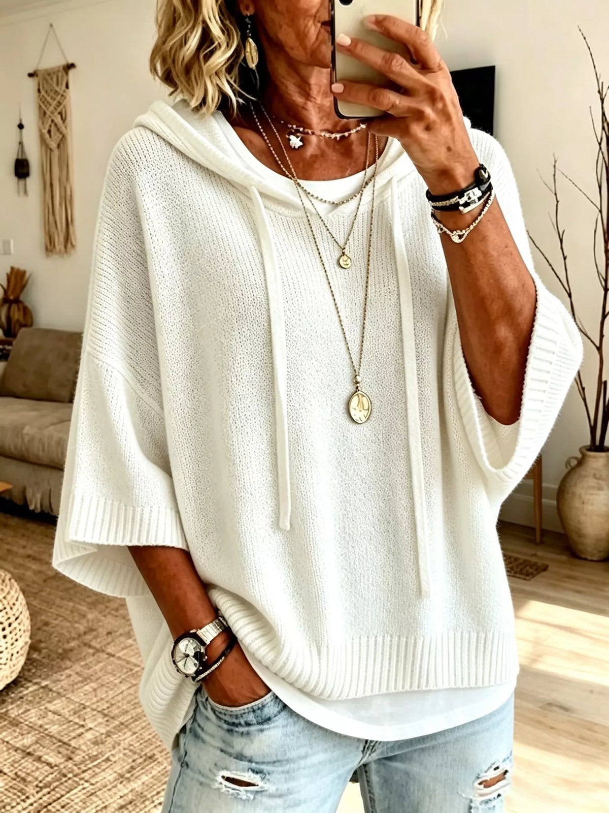 Full Size Casual Hooded Batwing Sleeve Knit Sweater Plus Size - Lilixa.store
