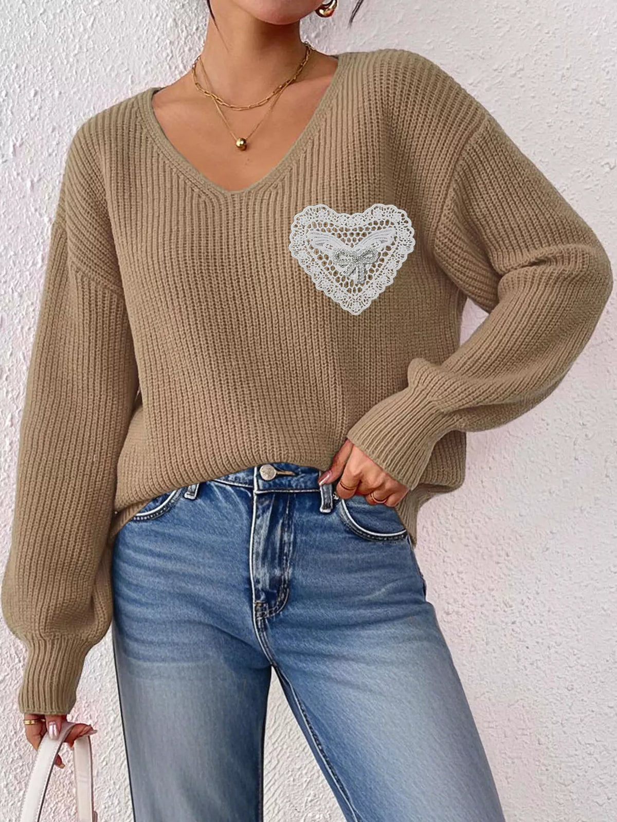 Lace Heart Dropped Shoulder Sweater - Lilixa.store