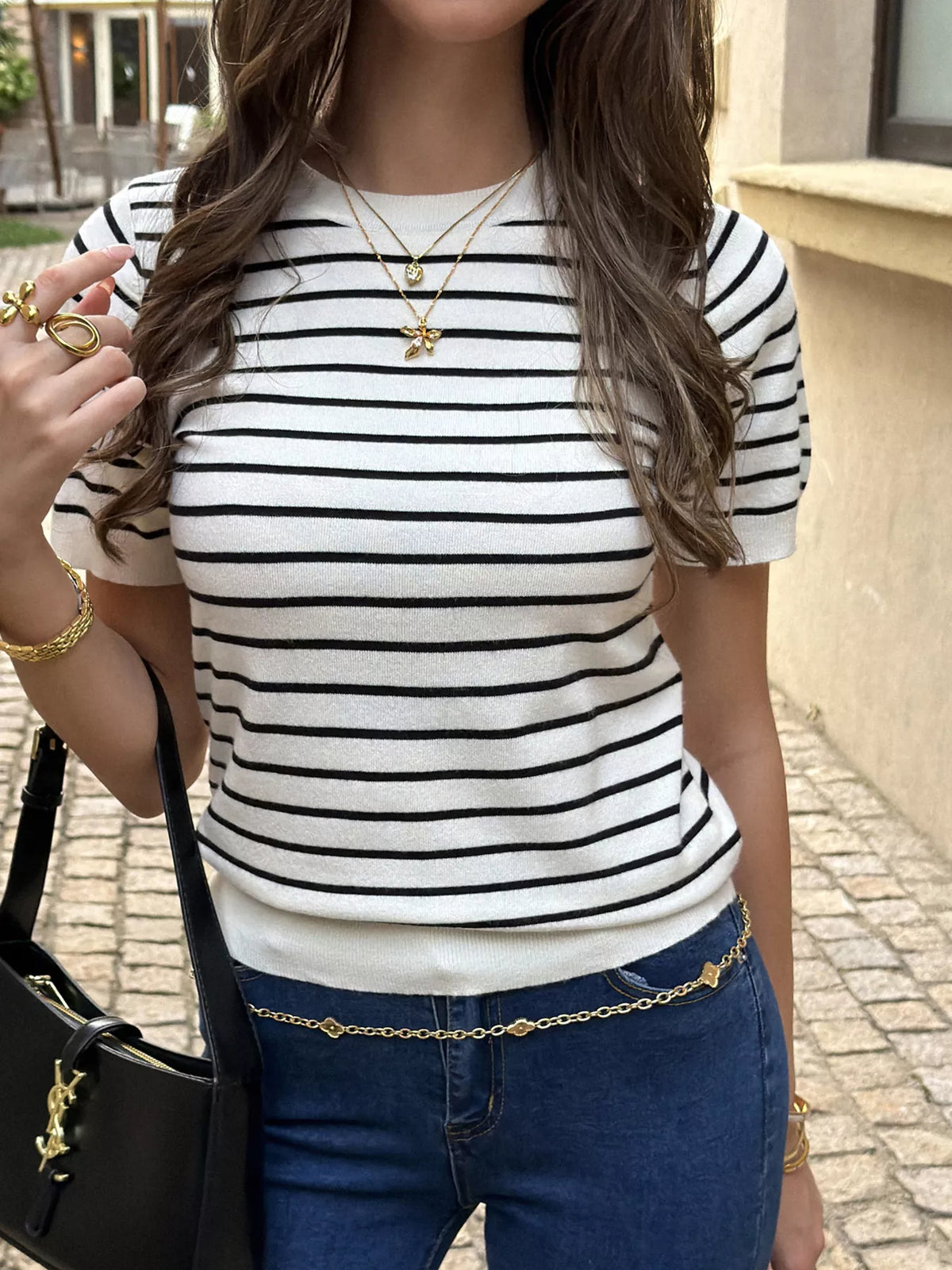 Striped Short-Sleeve Knit Top - Lilixa.store