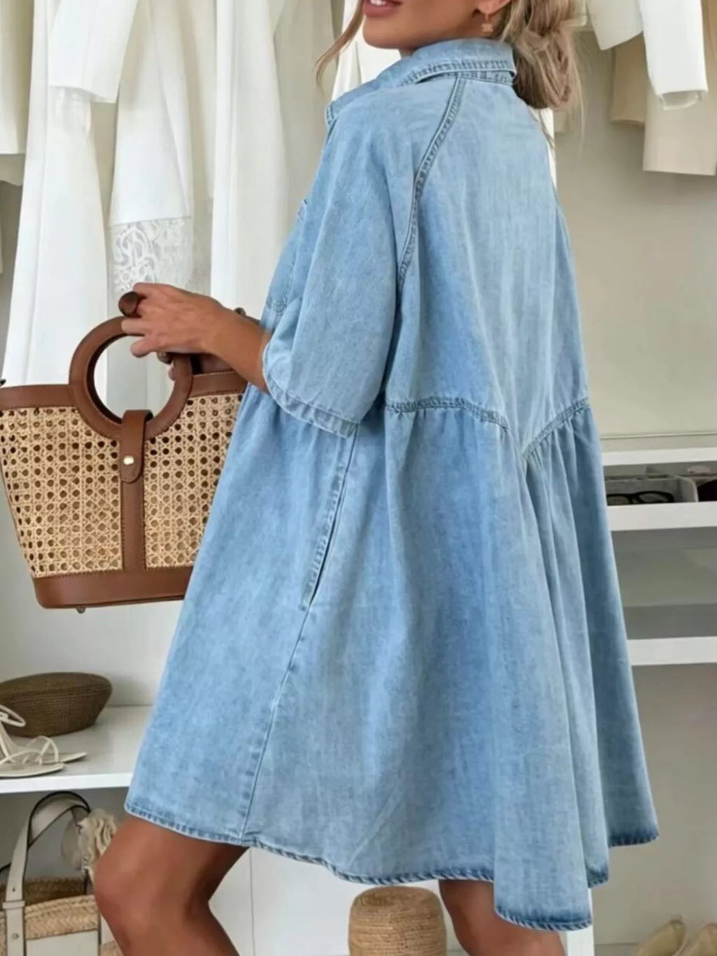 Button Up Denim Shirt Dress - Lilixa.store