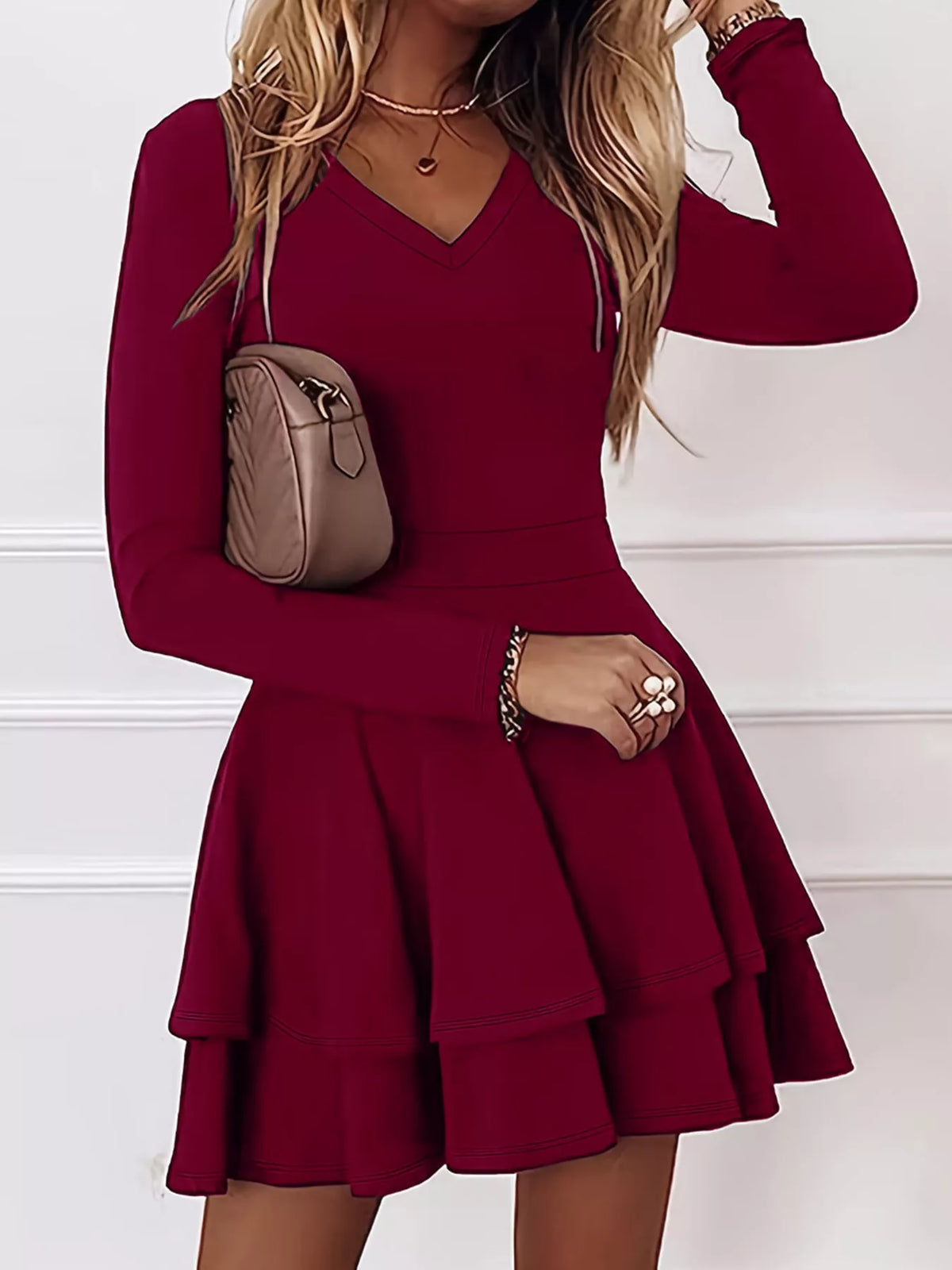 V-Neck Long Sleeve Layered Ruffle Mini Dress - Lilixa.store