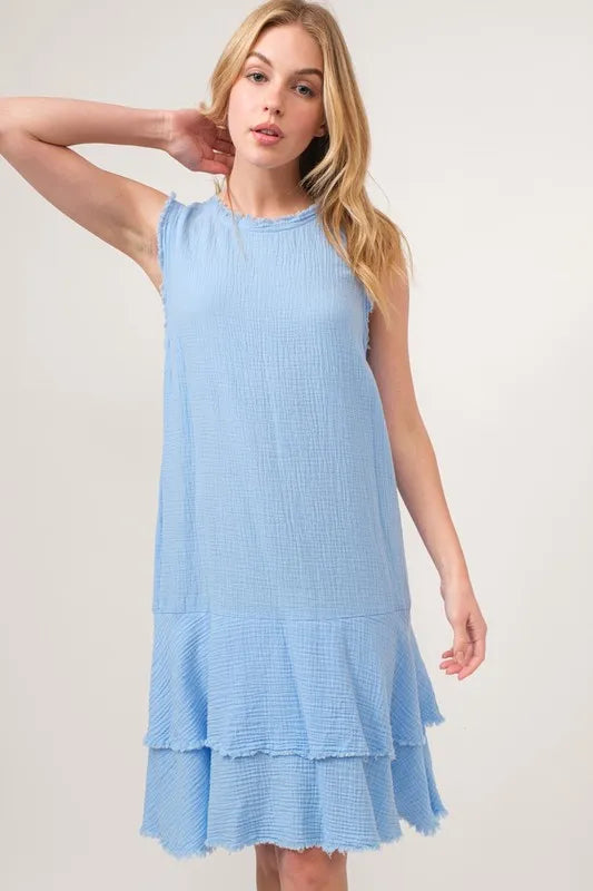 And The Why Washed Fringe Detail Tiered Dress in Baby Blue, view 4