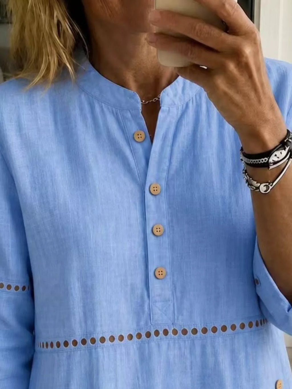 Full Size Button Detail Eyelet Long Sleeve Blouse Plus Size - Lilixa.store