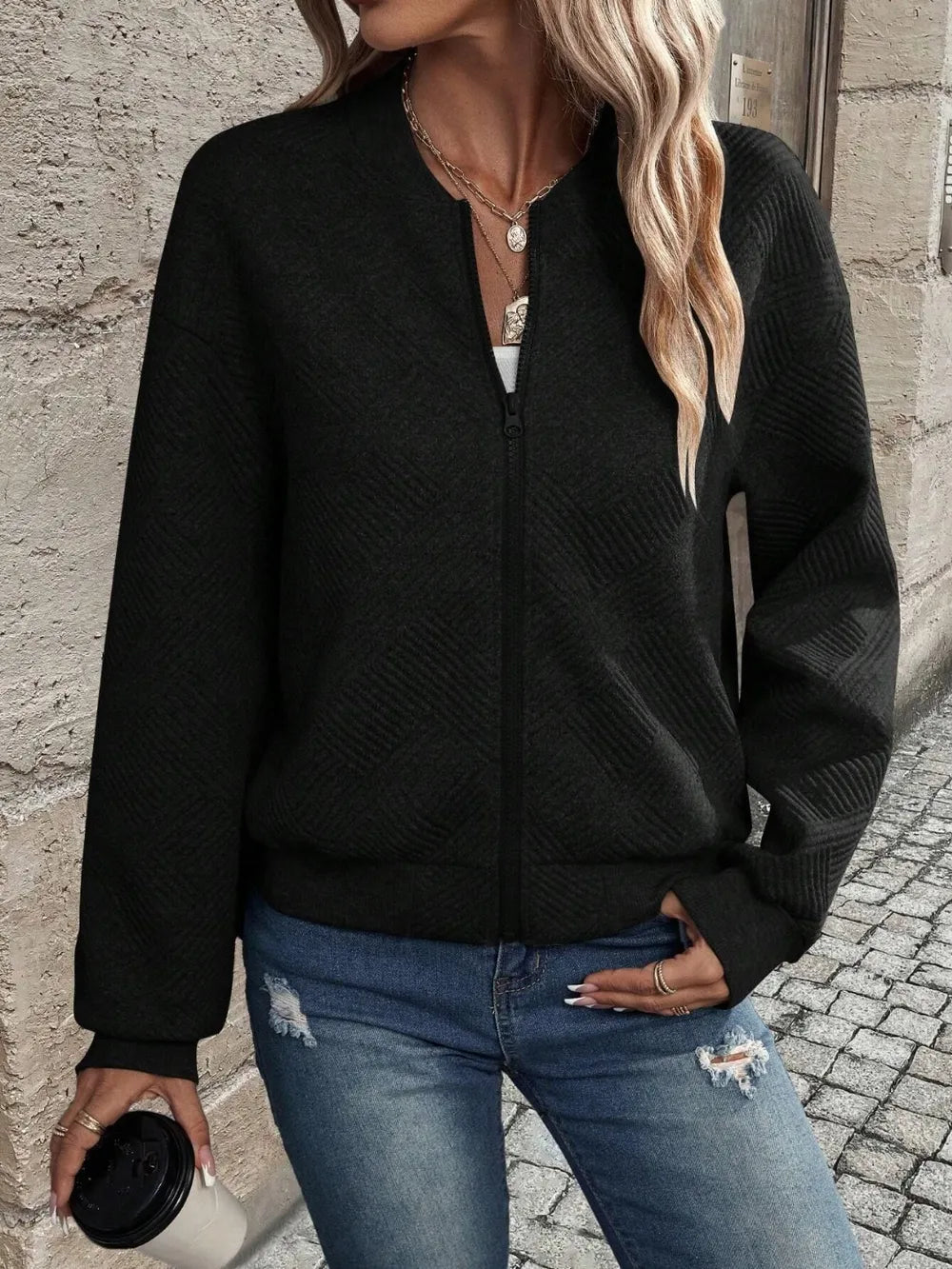 Textured Zip Up Long Sleeve Jacket in Black