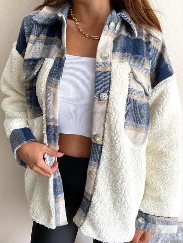 Fuzzy Button Up Long Sleeve Jacket in Dusty Blue
