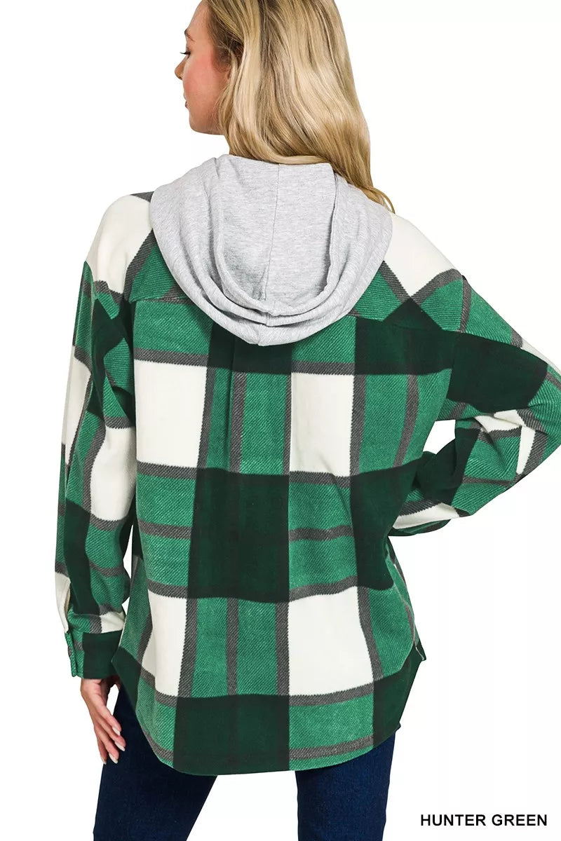 Zenana Plaid Drawstring Hooded Fleece Shacket in Hunter Green, view 5