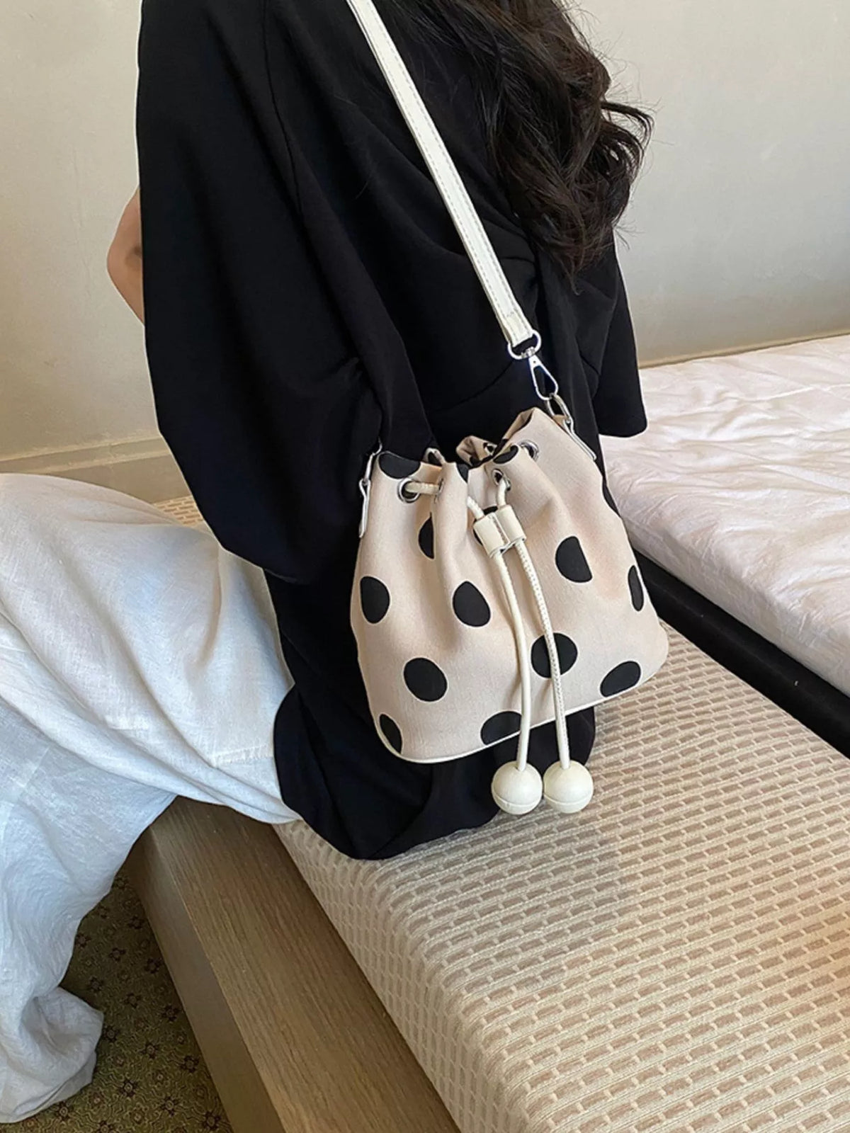 Polka Dot Drawstring Bucket Crossbody Bag