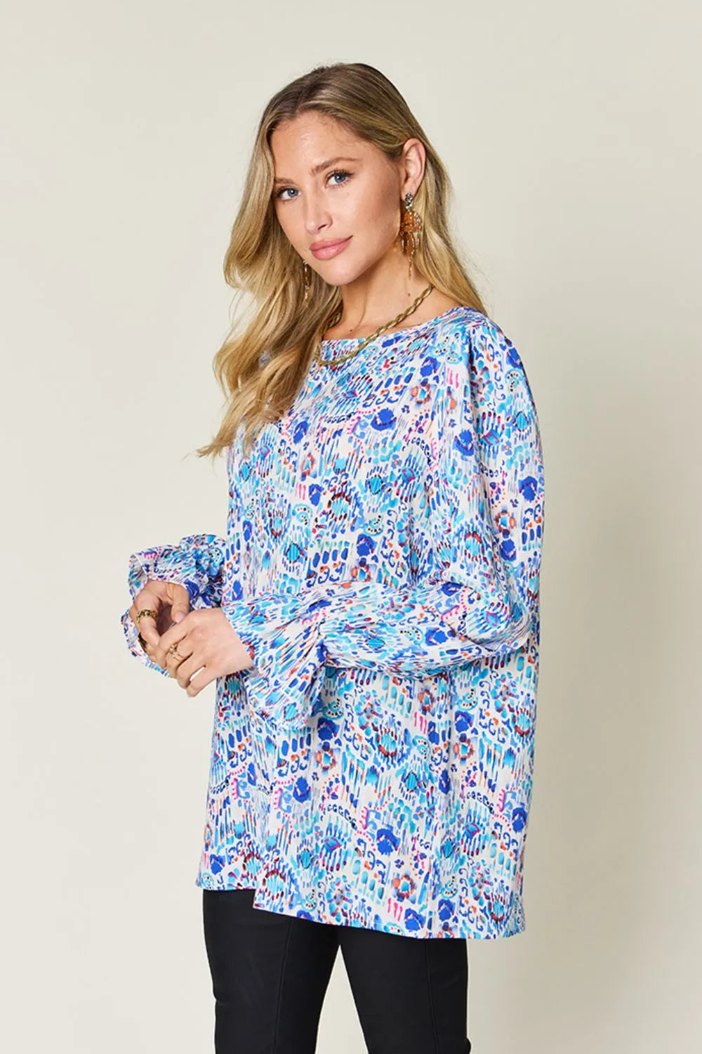 Double Take Full Size Printed Flounce Sleeve Blouse - Lilixa.store