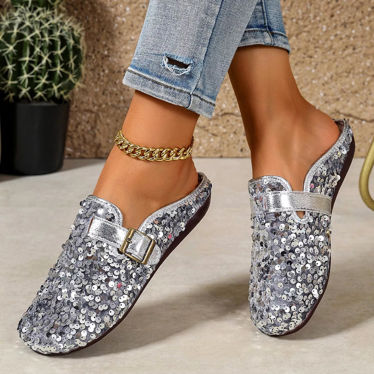 Sparkling Sequin Buckle Slip-On Loafers in Gray