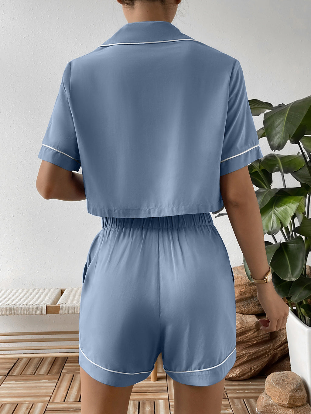 Ivy Lane Contrast Lapel Collar Cropped Shirt and Shorts Lounge Set - Lilixa.store