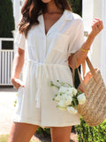Drawstring Short Sleeve Romper in White