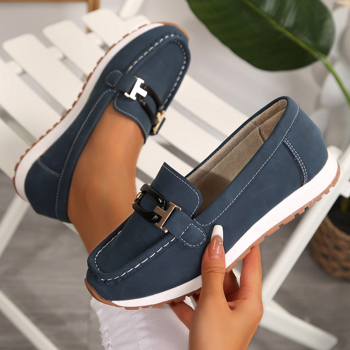 Buckle Decor Casual Slip-Ons in Dark Blue