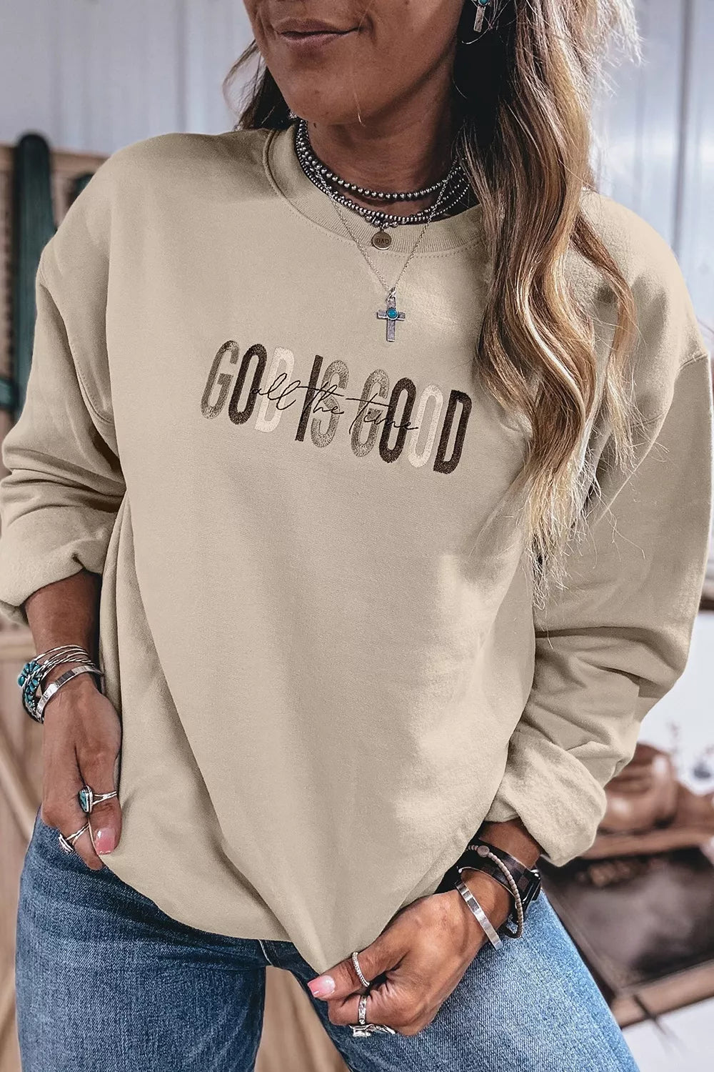 God Is Good Letter Graphic Crew Neck Sweatshirt - Lilixa.store