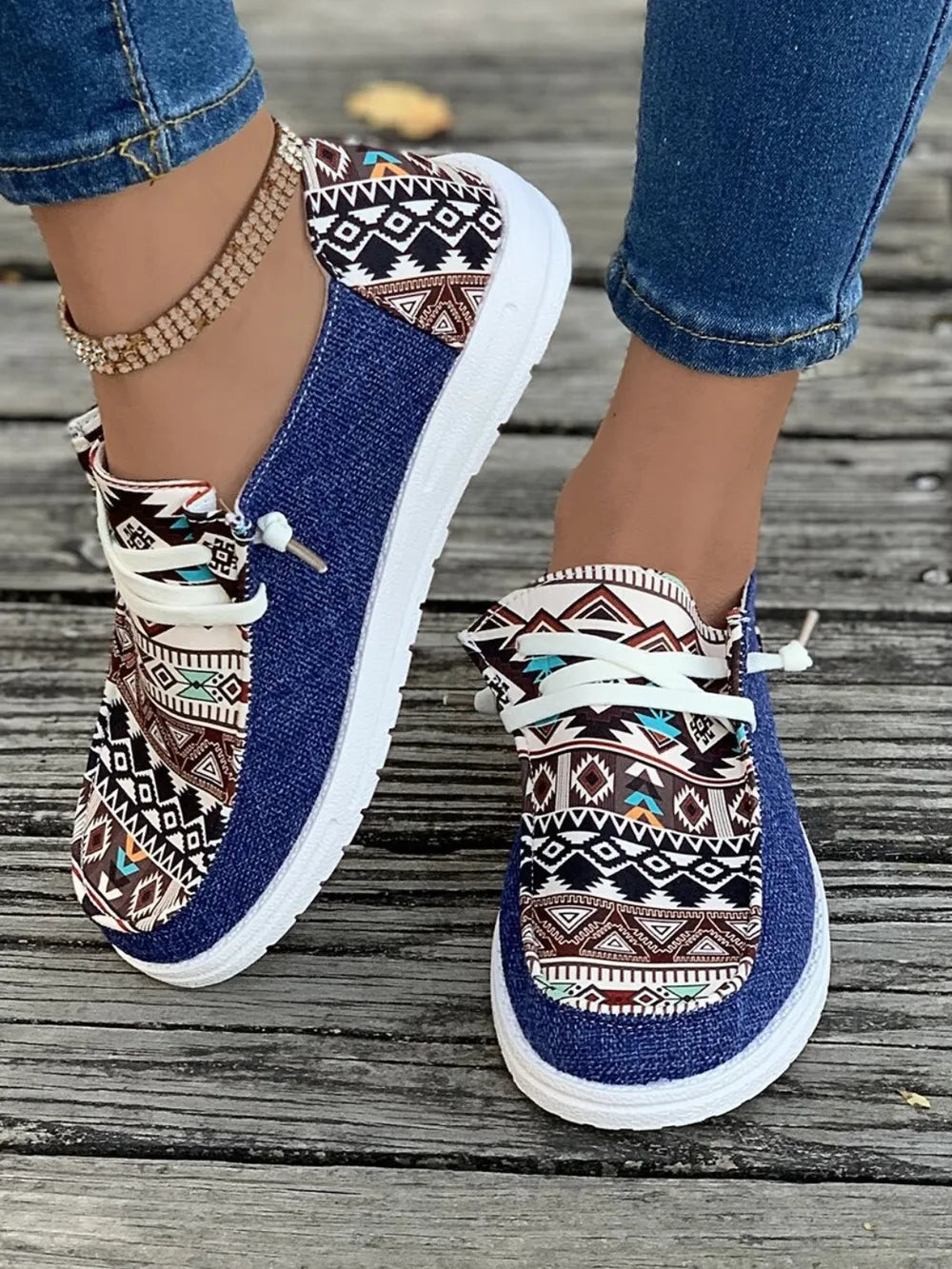 Geometric Lace-Up Round Toe Slip-Ons, view 2