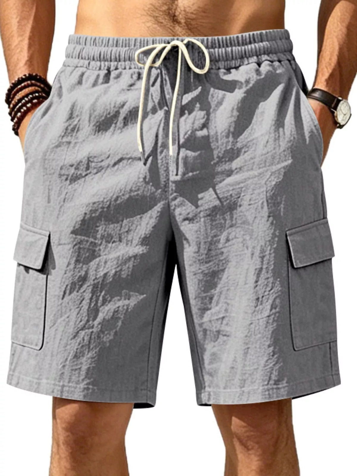 Men's Plus Size Casual Cargo Shorts with Drawstring Waist in Dark Gray