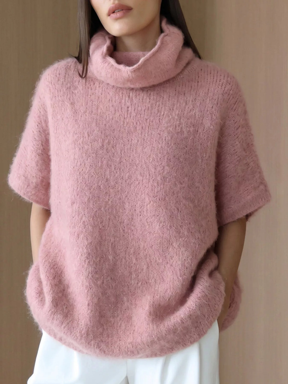 Turtleneck Fuzzy Short Sleeve Sweater in Dusty Pink