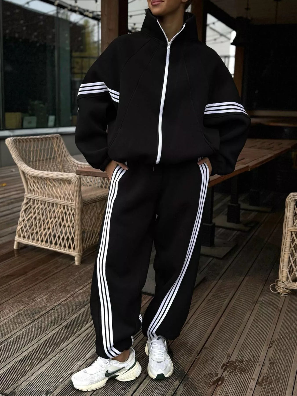 Contrast Striped Zip Up Top and Pants Set - Lilixa.store