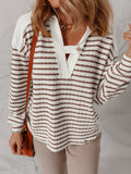Striped V-Neck Long Sleeve Knit Hoodie - Lilixa.store