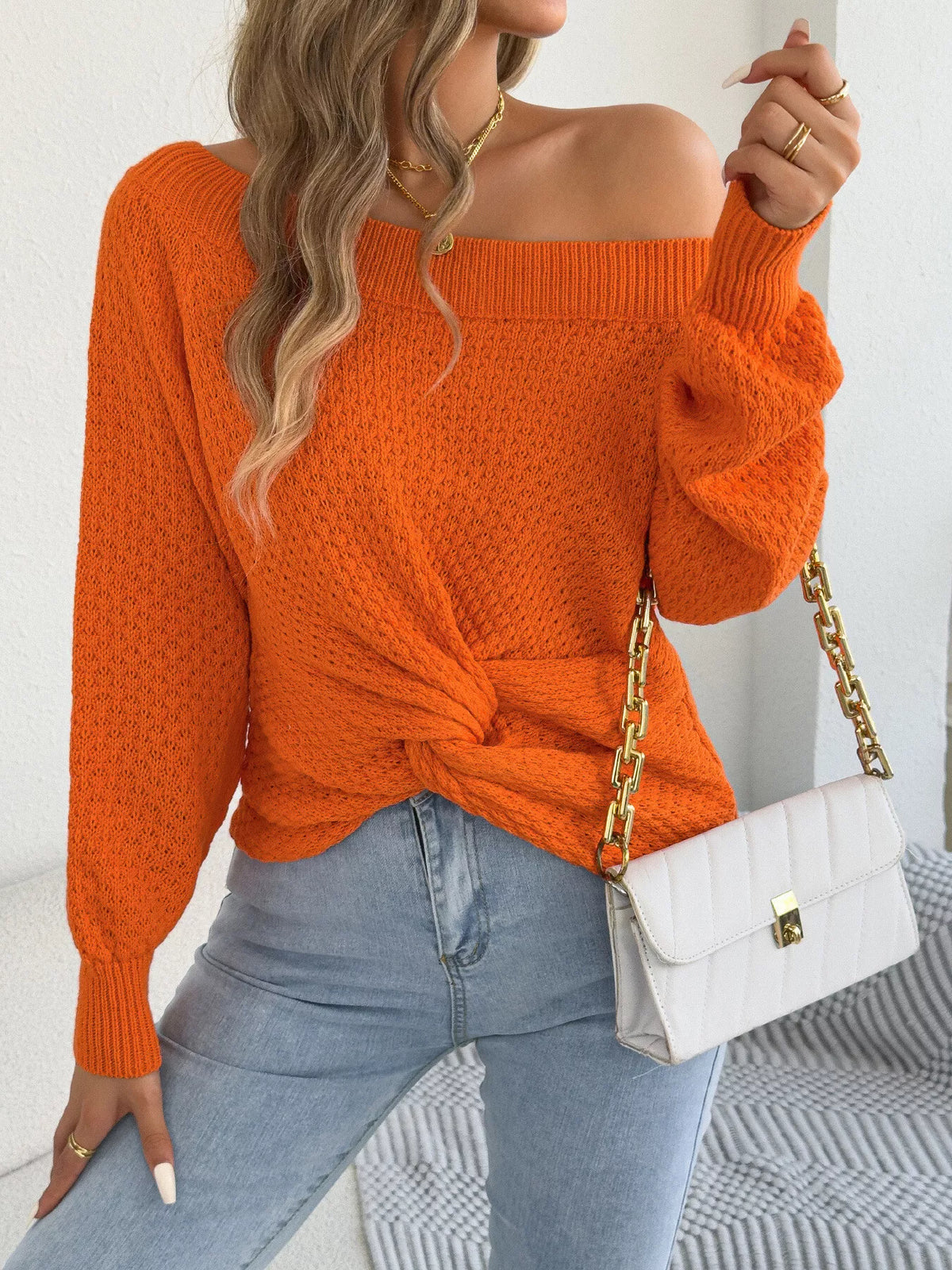 Off-Shoulder Twist Front Textured Knit Top, view 16
