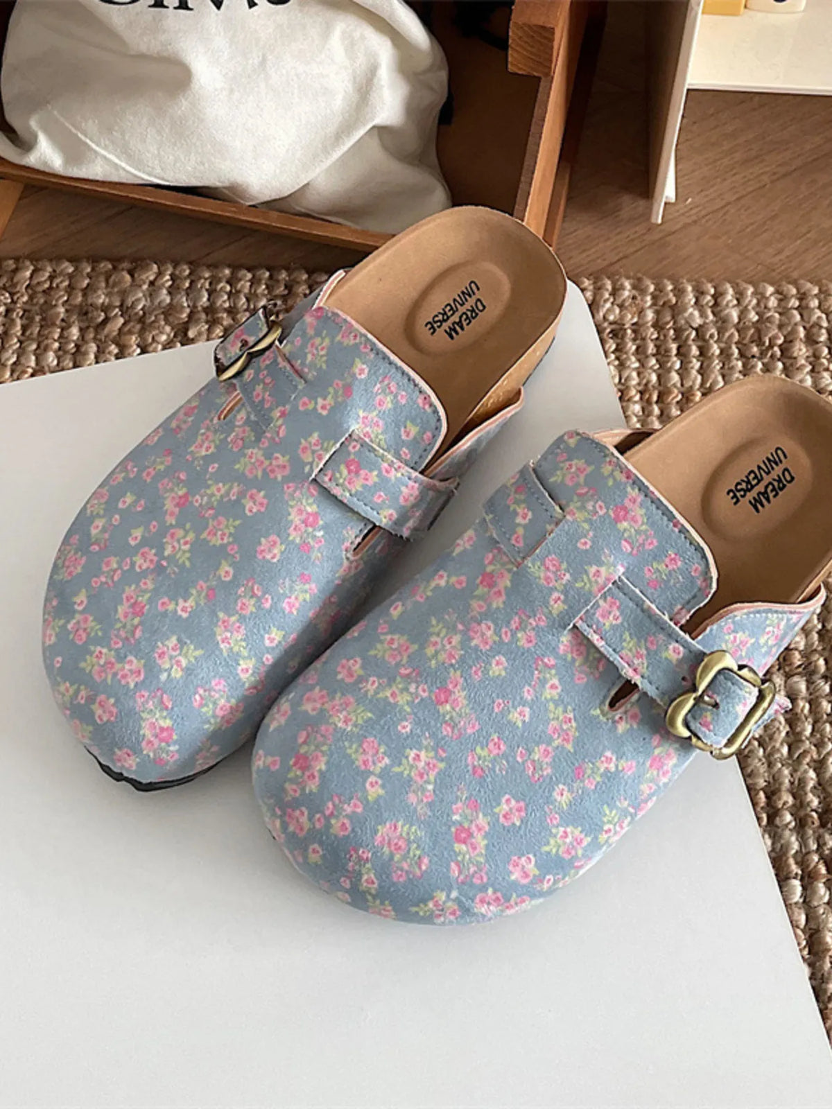 Floral Pattern Round Toe Slip-Ons in Floral Blue, view 5