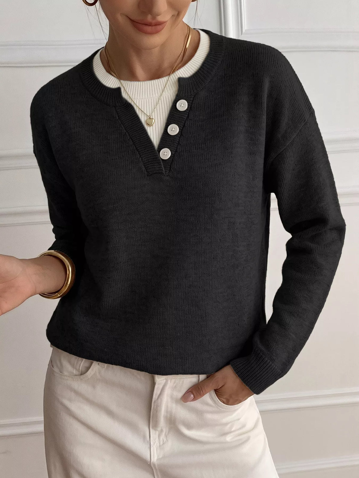 Decor Button-Placket Ribbed Knit Sweater
