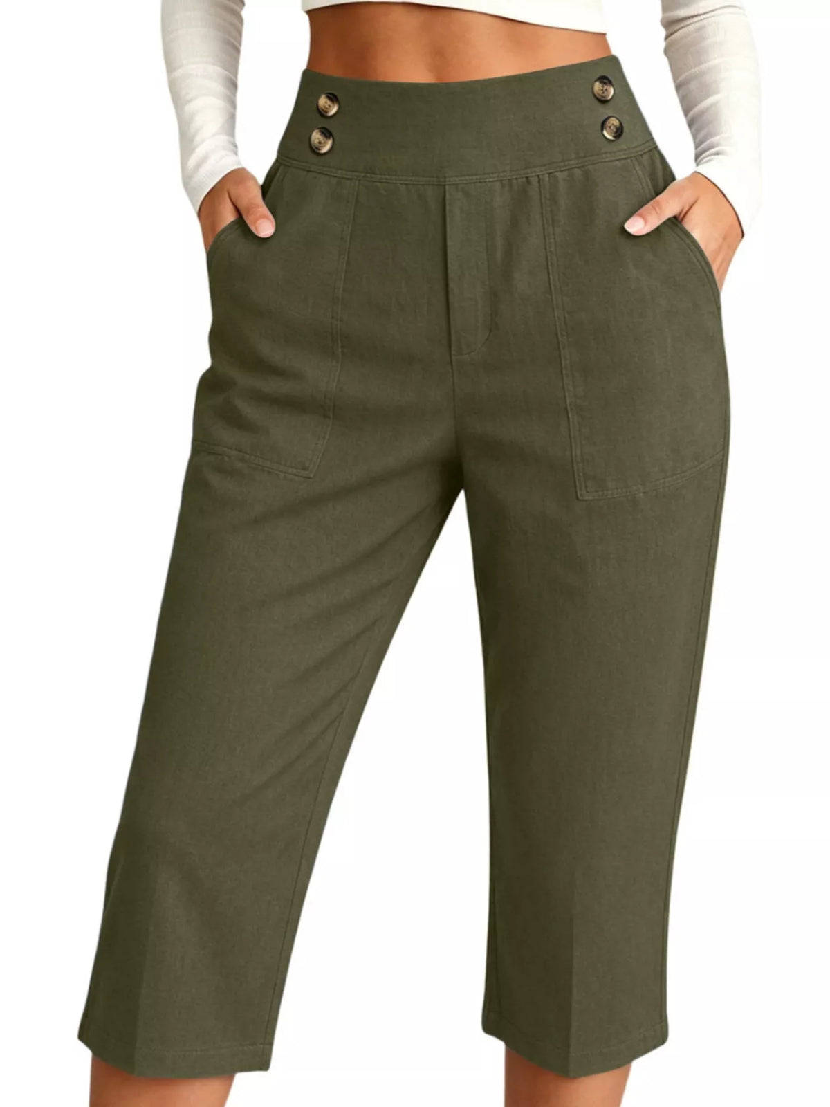 Full Size High-Waisted Button-Detail Cropped Pants Plus Size in Army Green