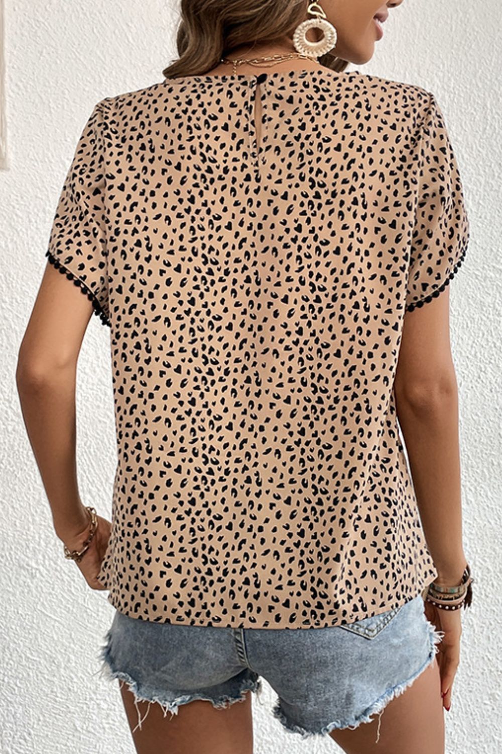 Perfee Printed Pom Pom Detail Petal Sleeve Round Neck Blouse in Leopard, view 2