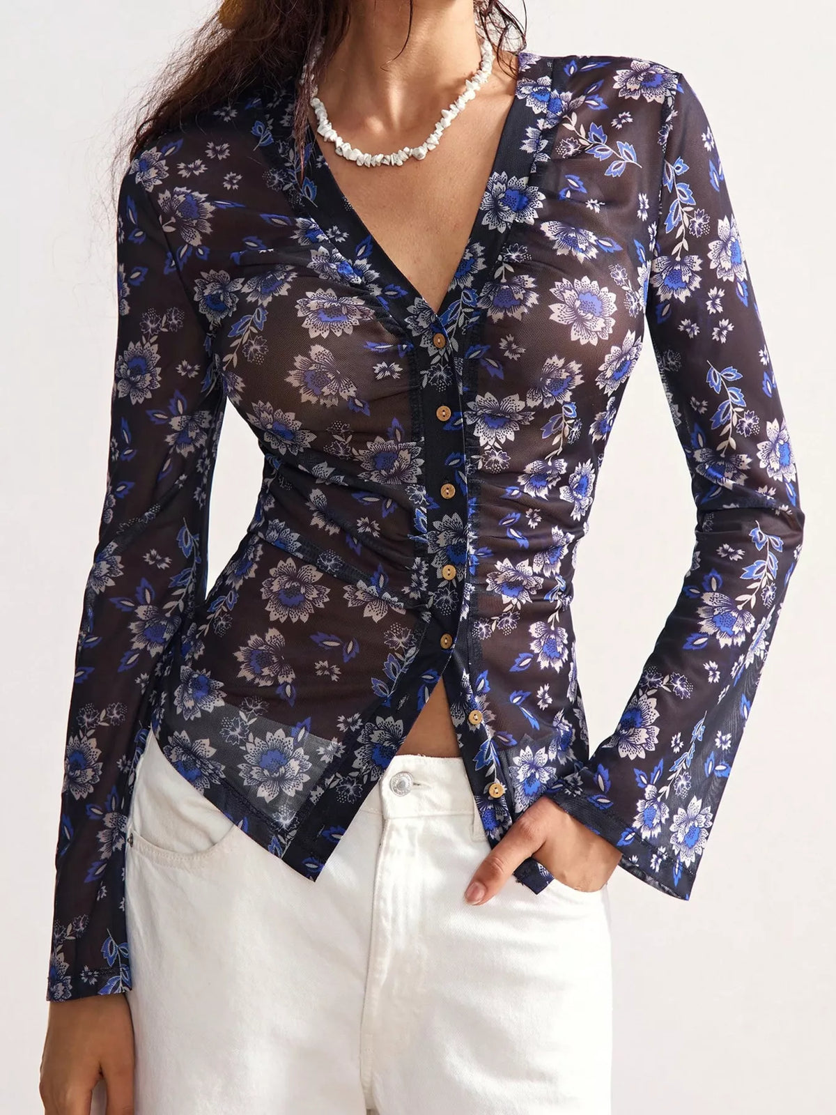 Printed Flare Sleeve Button Down Top - Lilixa.store
